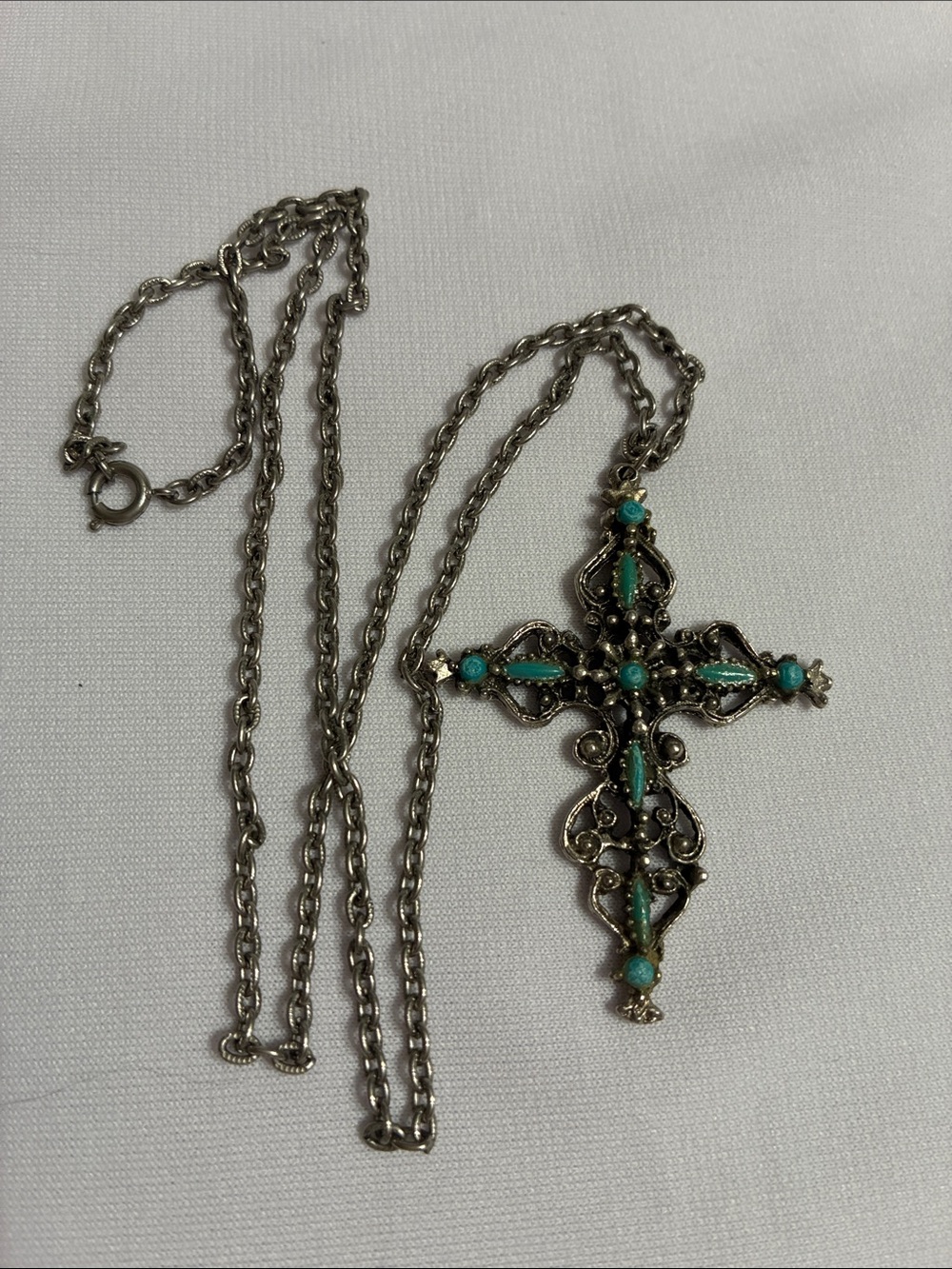 Vintage Roma Silver Tone Cross Pendant Necklace with Turquoise Accents